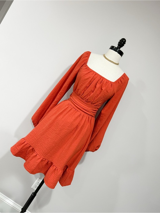 Dokotoo Dresses & Skirts - Square Neck Long Sleeve Ruffle Hem Dress in Vibrant Orange